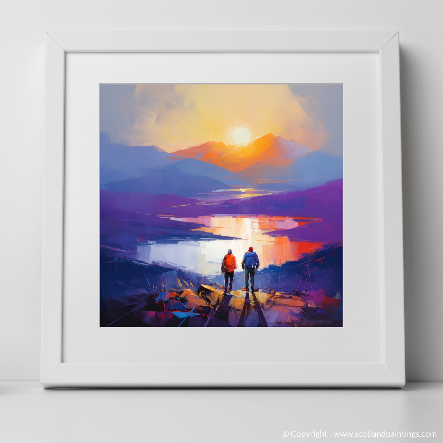 Art Print of Two hikers looking out on Loch Lomond with a white frame