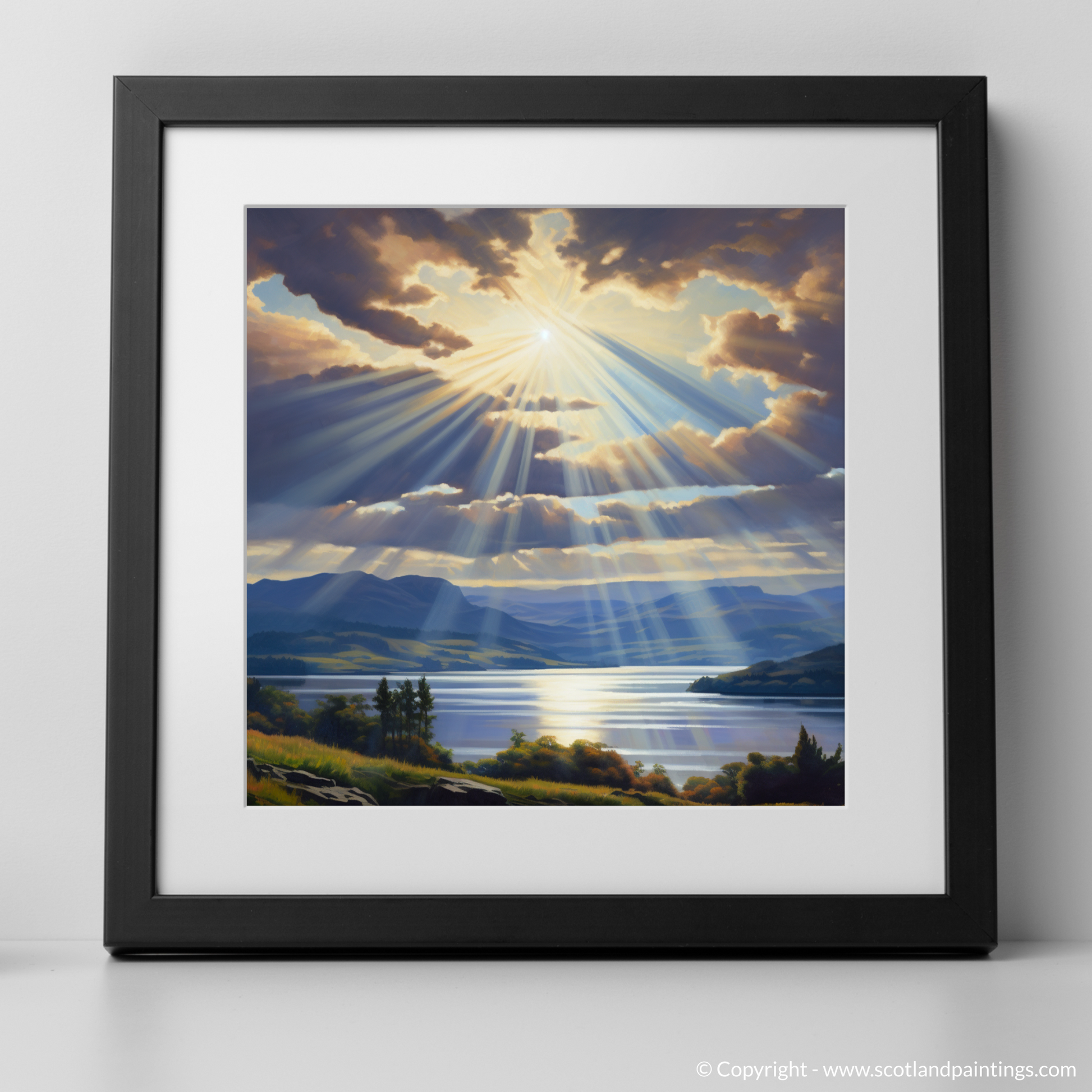 Art Print of Crepuscular rays above Loch Lomond with a black frame