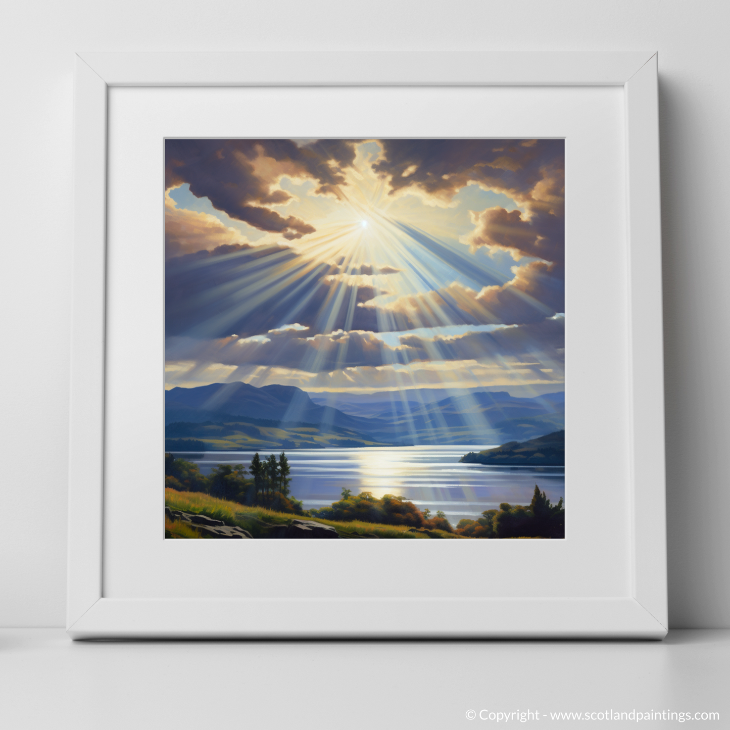 Art Print of Crepuscular rays above Loch Lomond with a white frame