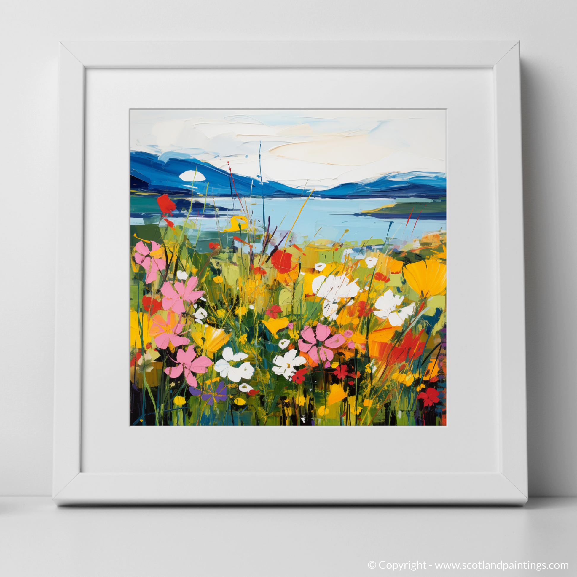 Art Print of Wildflowers by Loch Lomond with a white frame