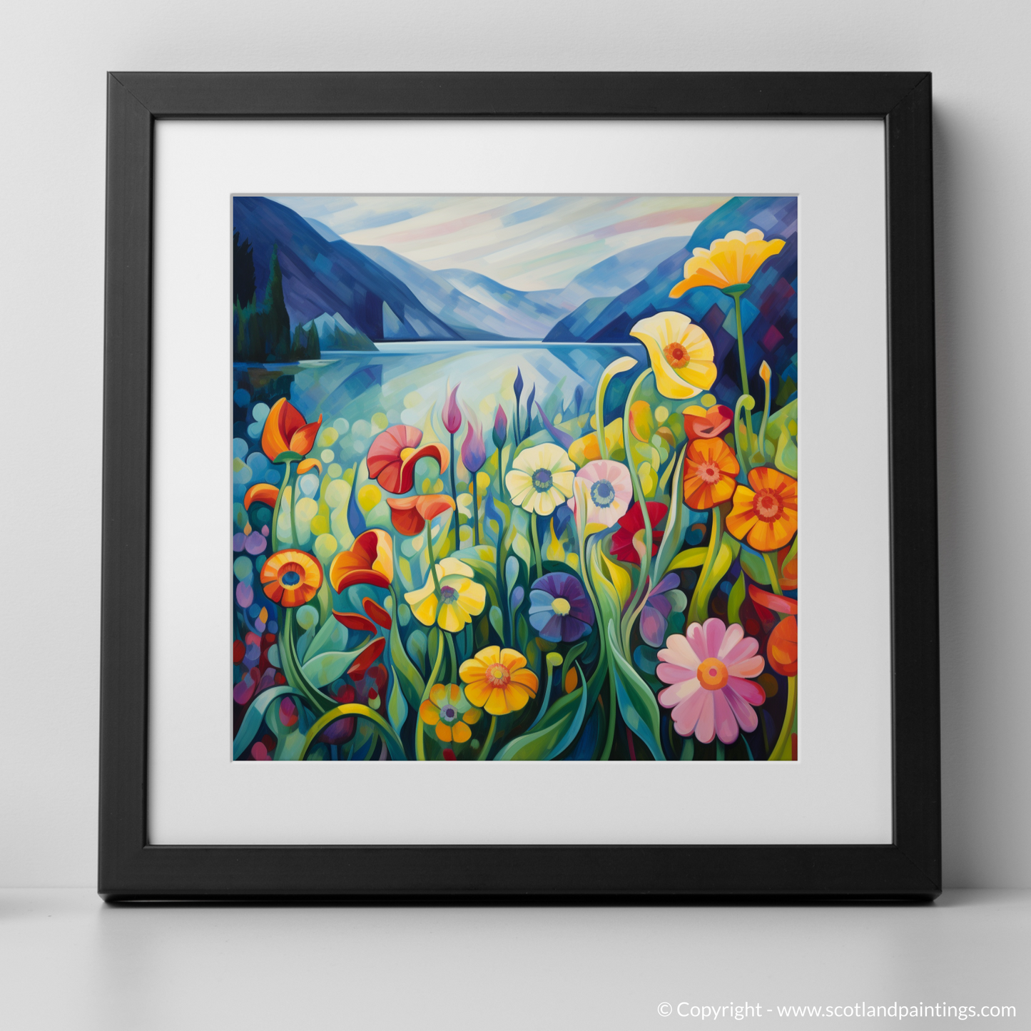 Art Print of Wildflowers by Loch Lomond with a black frame