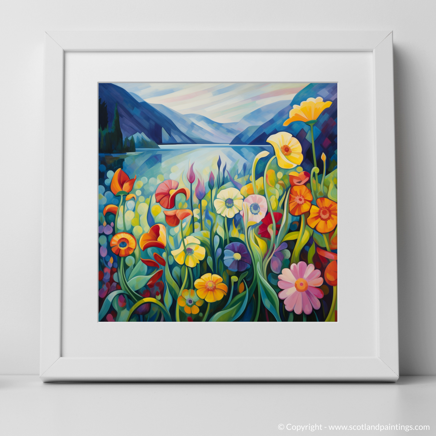 Art Print of Wildflowers by Loch Lomond with a white frame