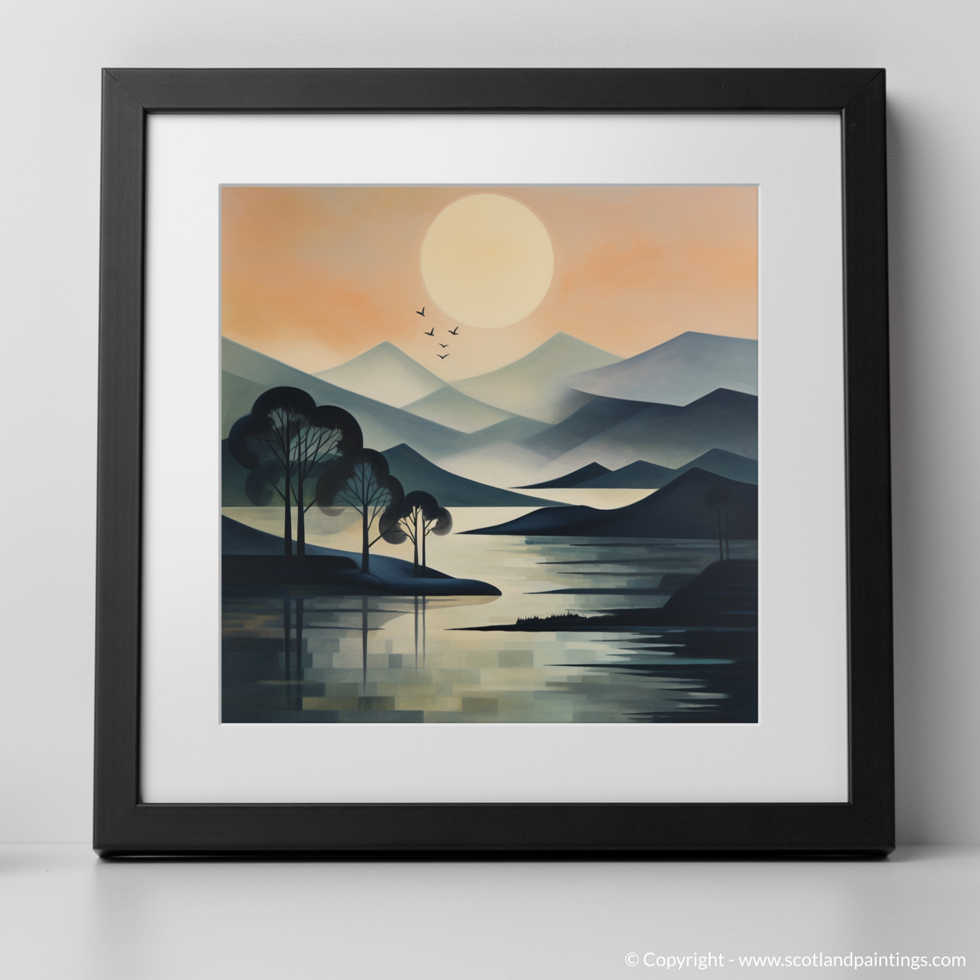 Art Print of Misty morning on Loch Lomond with a black frame