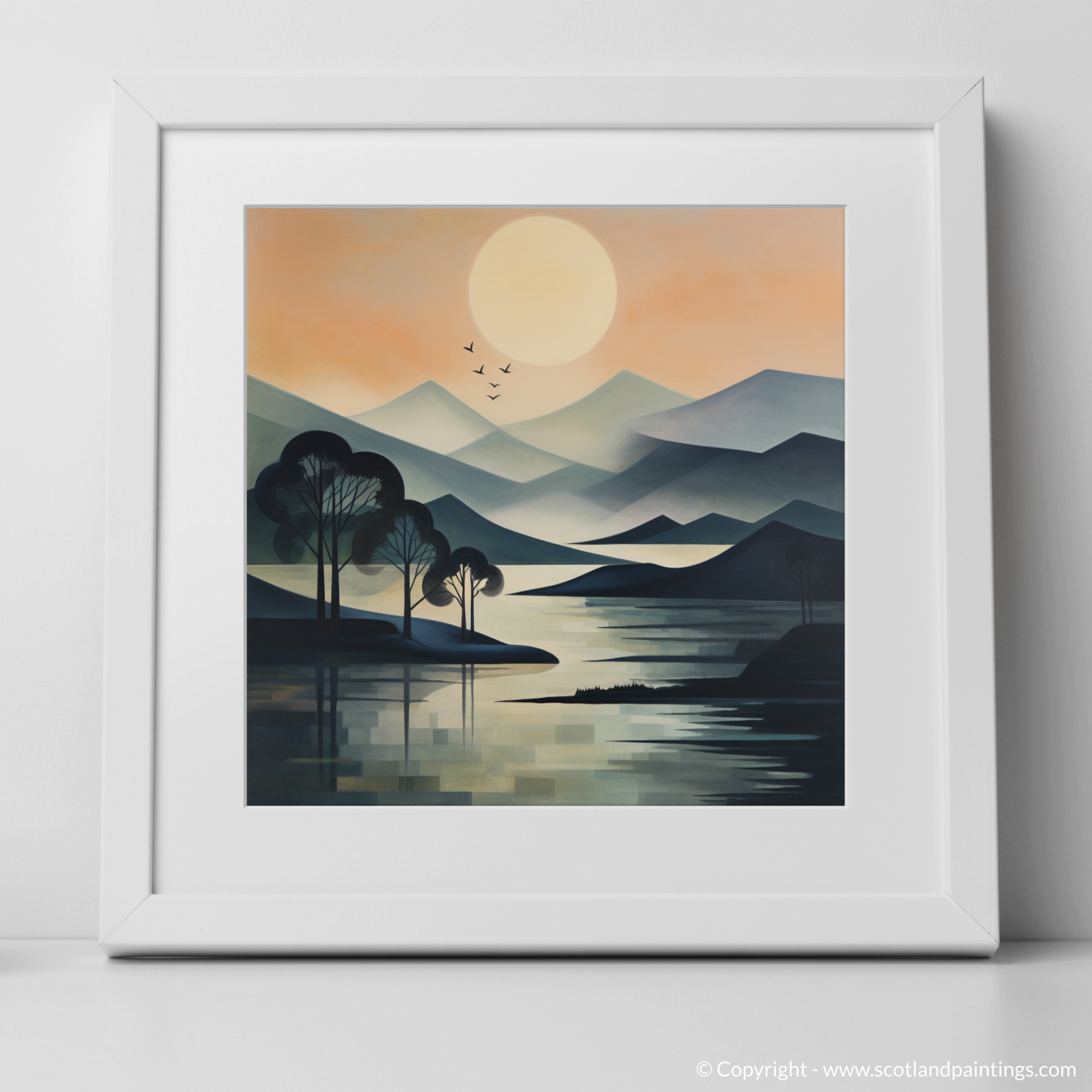 Art Print of Misty morning on Loch Lomond with a white frame