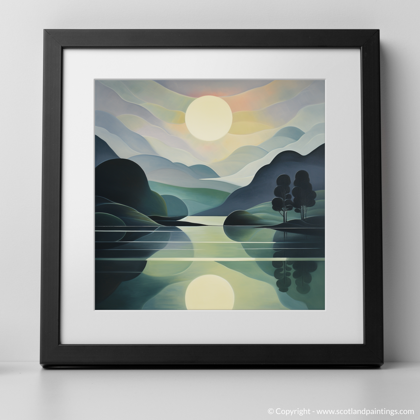 Art Print of Misty morning on Loch Lomond with a black frame