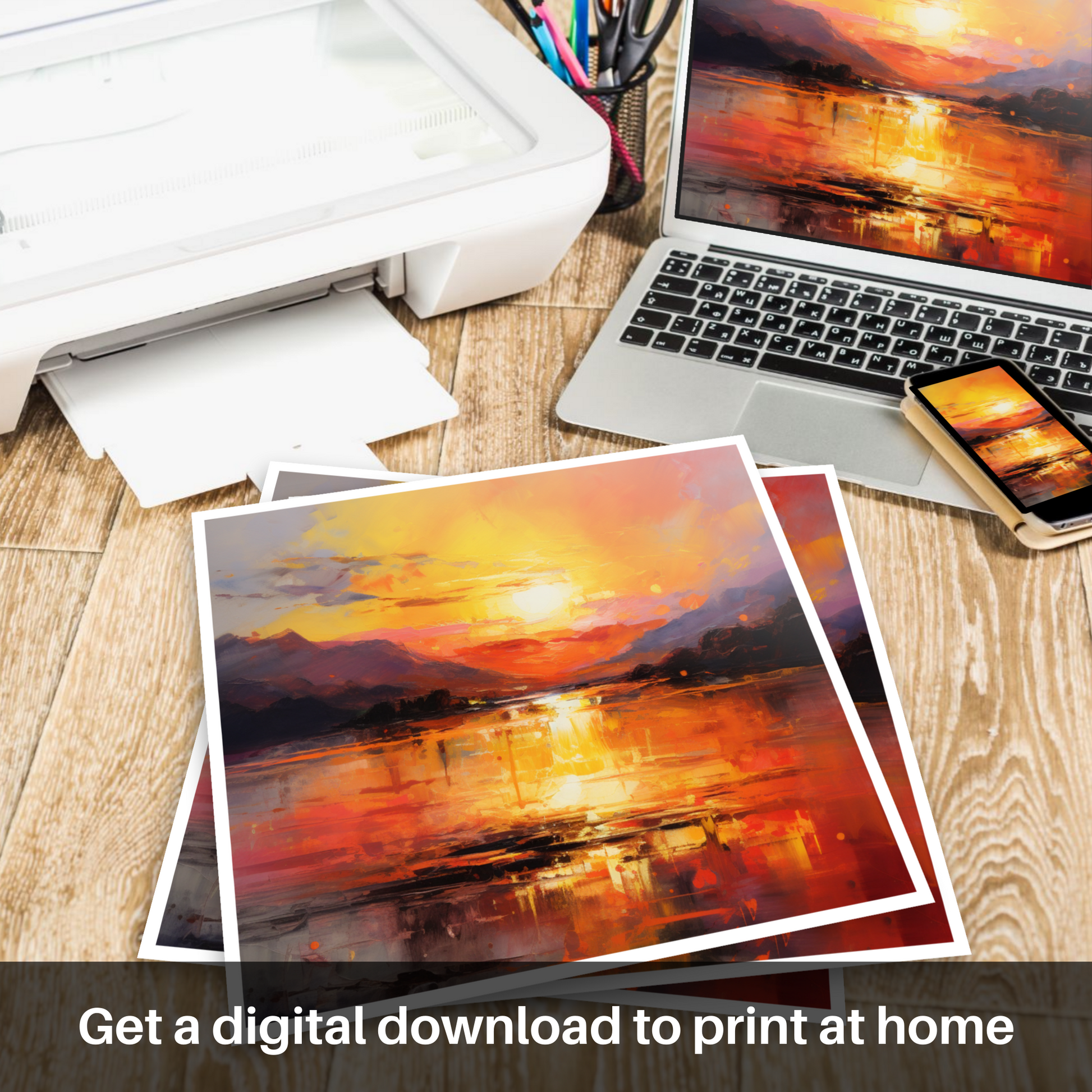 Downloadable and printable picture of Sunset over Loch Lomond