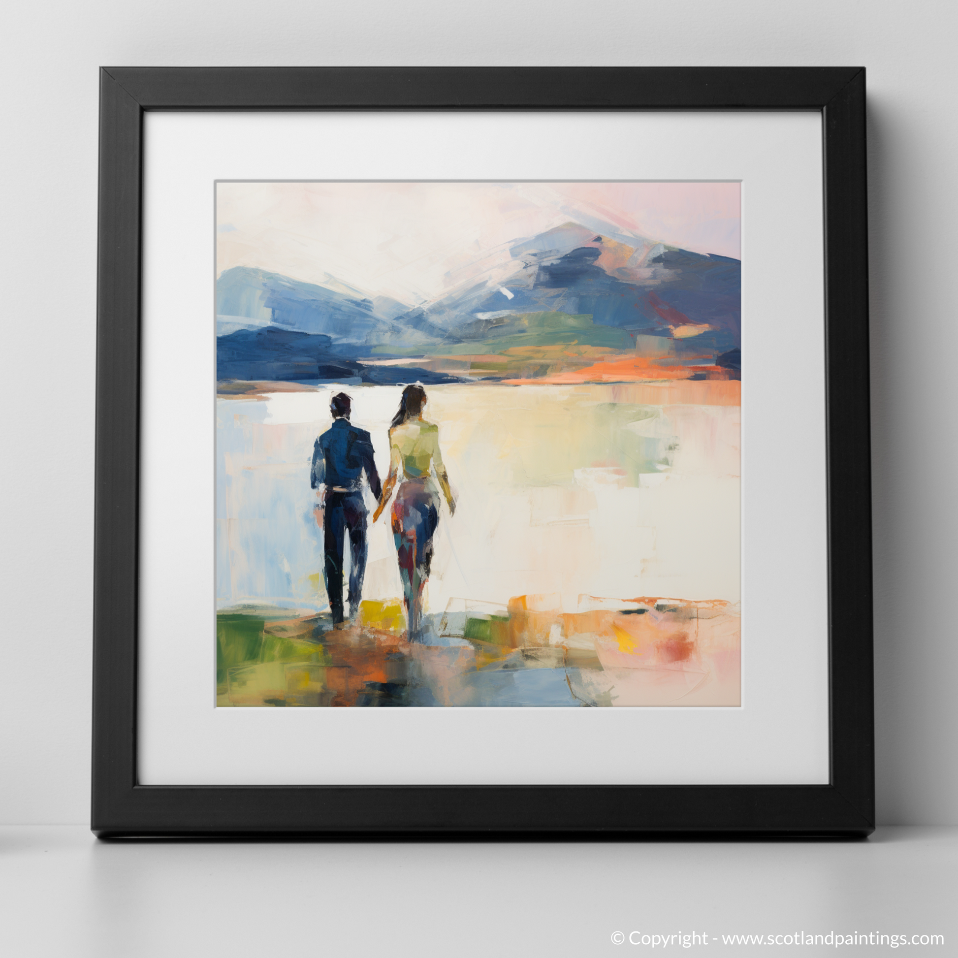 Art Print of A couple holding hands looking out on Loch Lomond with a black frame