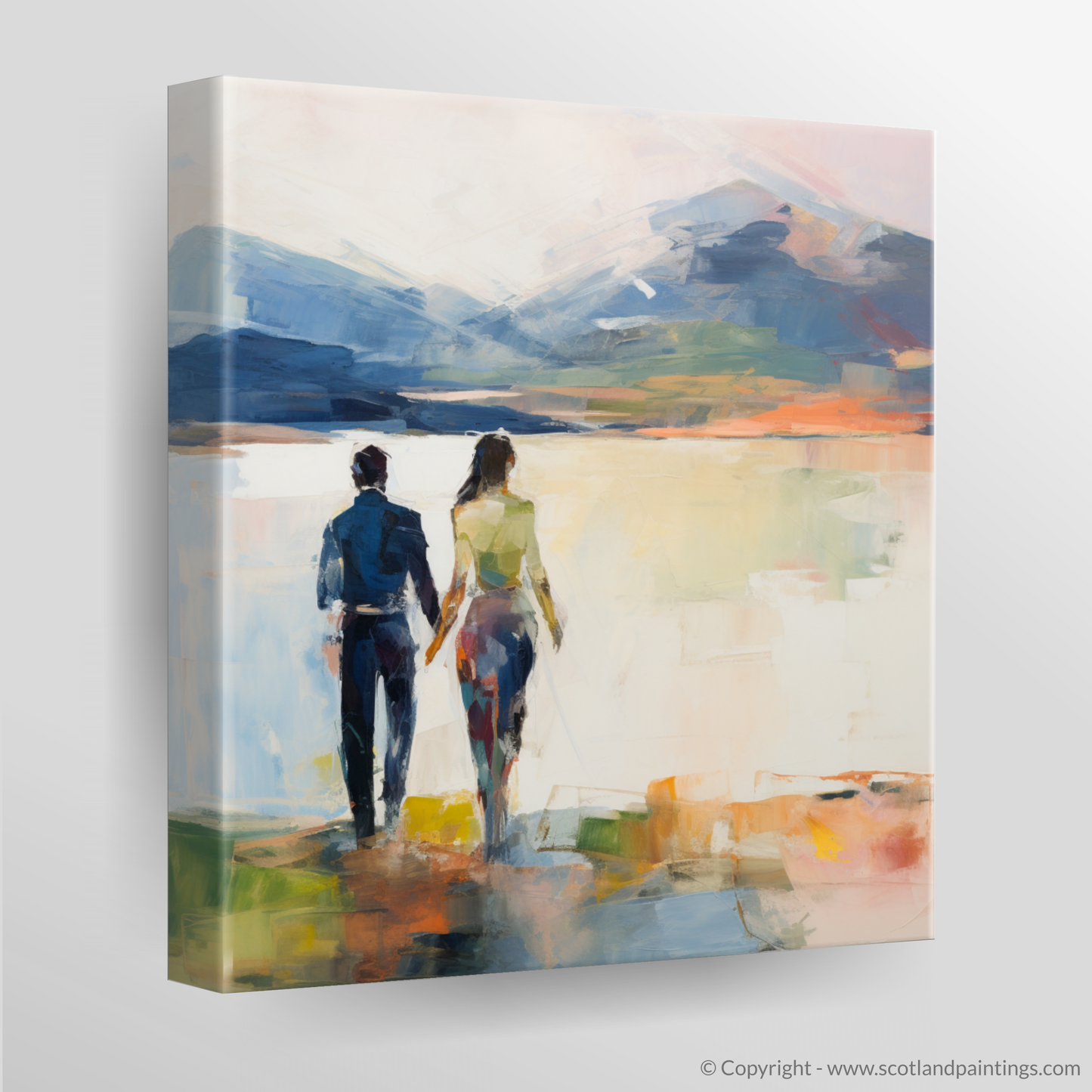 Canvas Print of A couple holding hands looking out on Loch Lomond