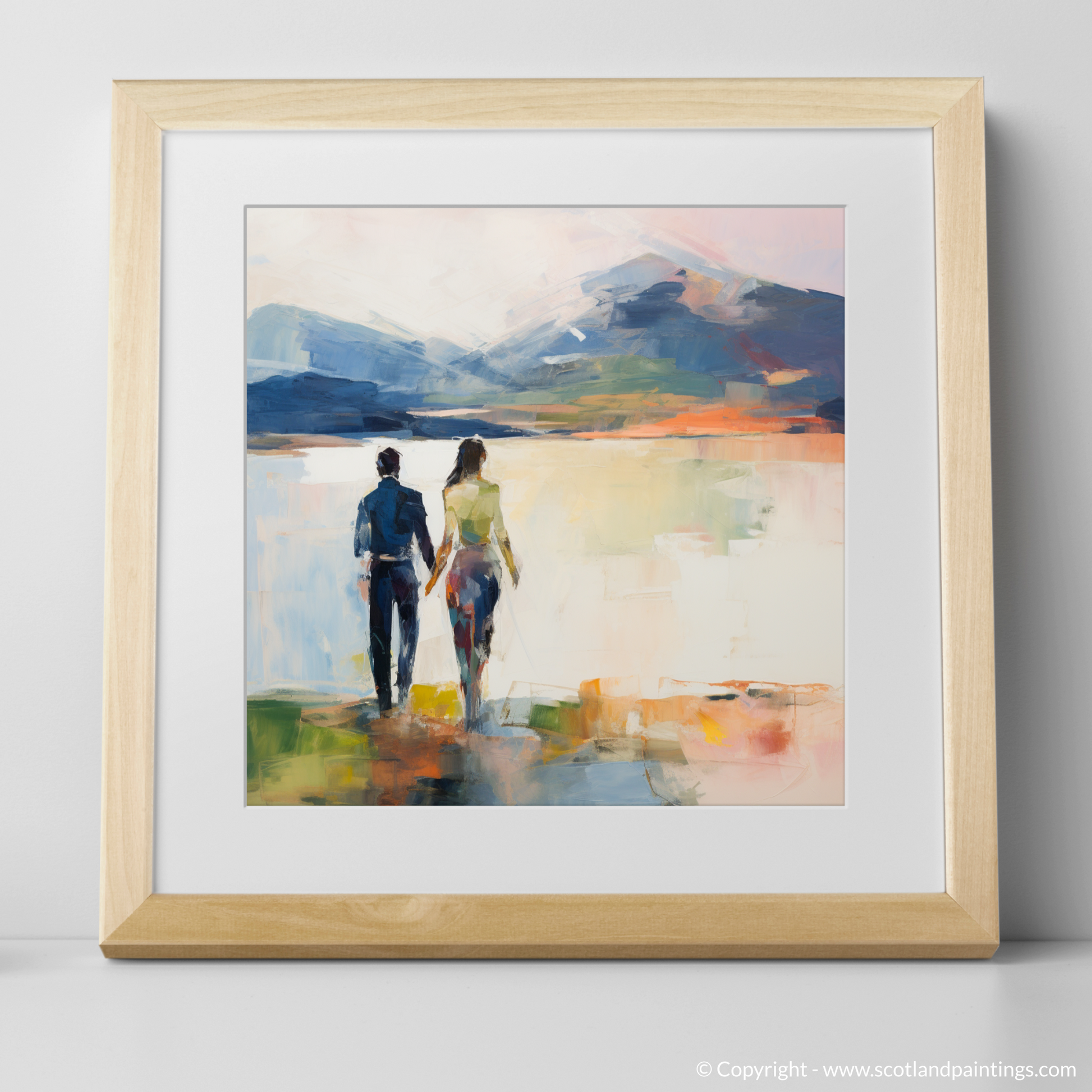 Art Print of A couple holding hands looking out on Loch Lomond with a natural frame