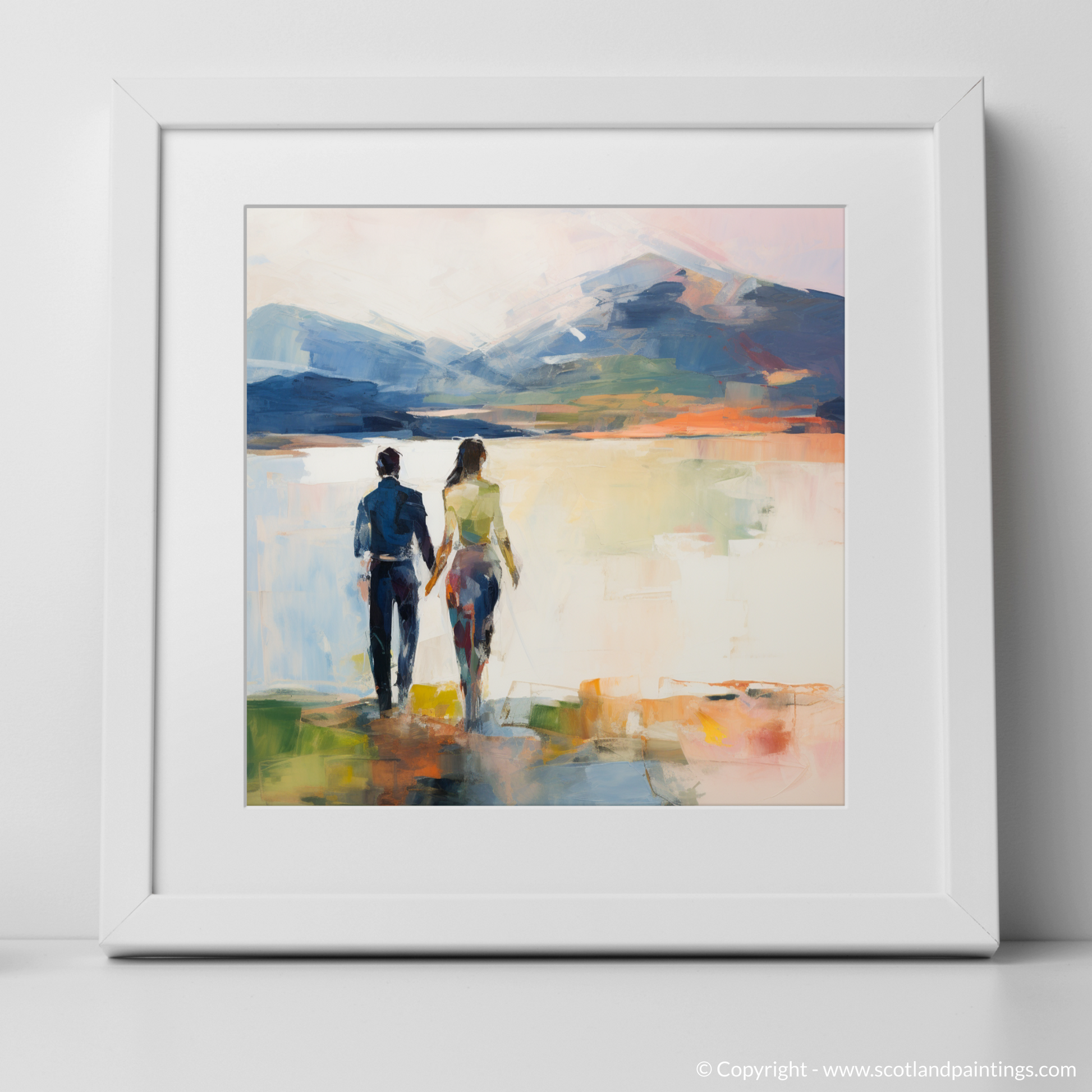 Art Print of A couple holding hands looking out on Loch Lomond with a white frame