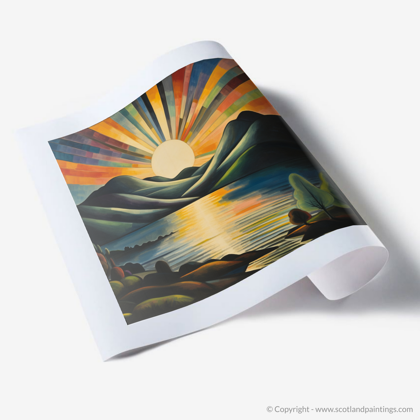 Painting and Art Print of Crepuscular rays above Loch Lomond. Crepuscular Majesty over Loch Lomond.