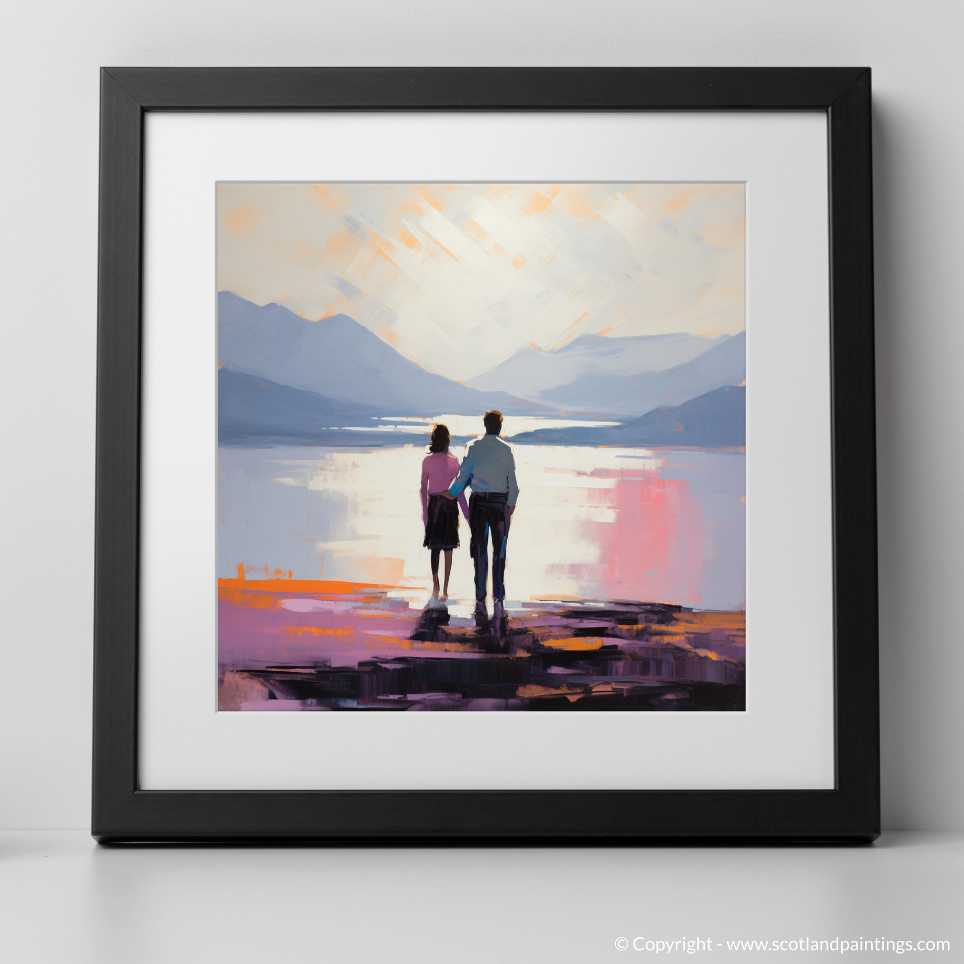 Art Print of A couple holding hands looking out on Loch Lomond with a black frame