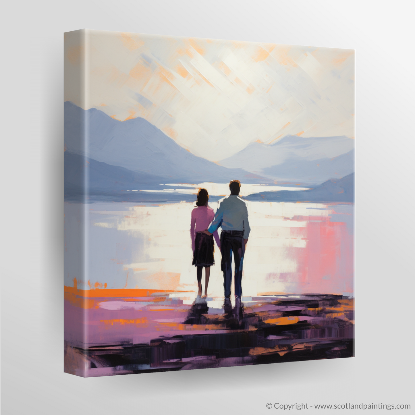 Canvas Print of A couple holding hands looking out on Loch Lomond