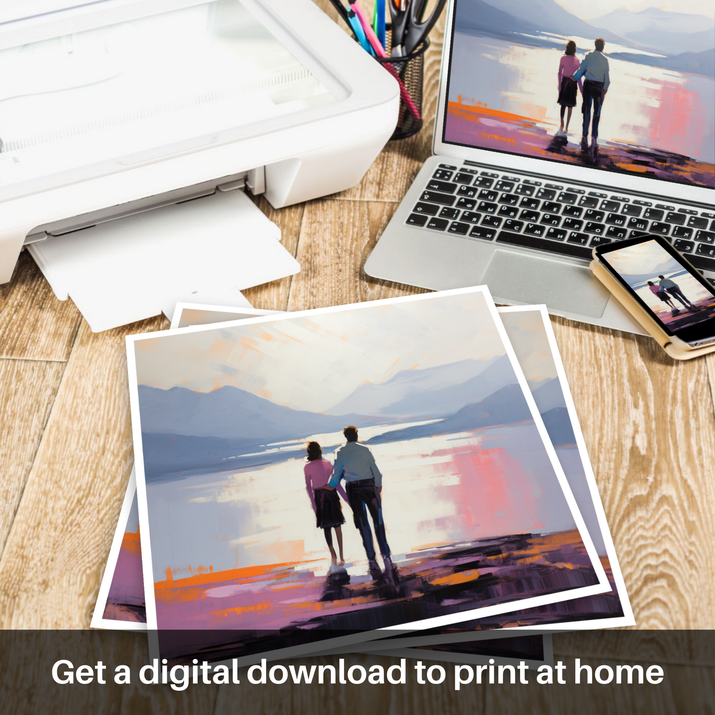 Downloadable and printable picture of A couple holding hands looking out on Loch Lomond