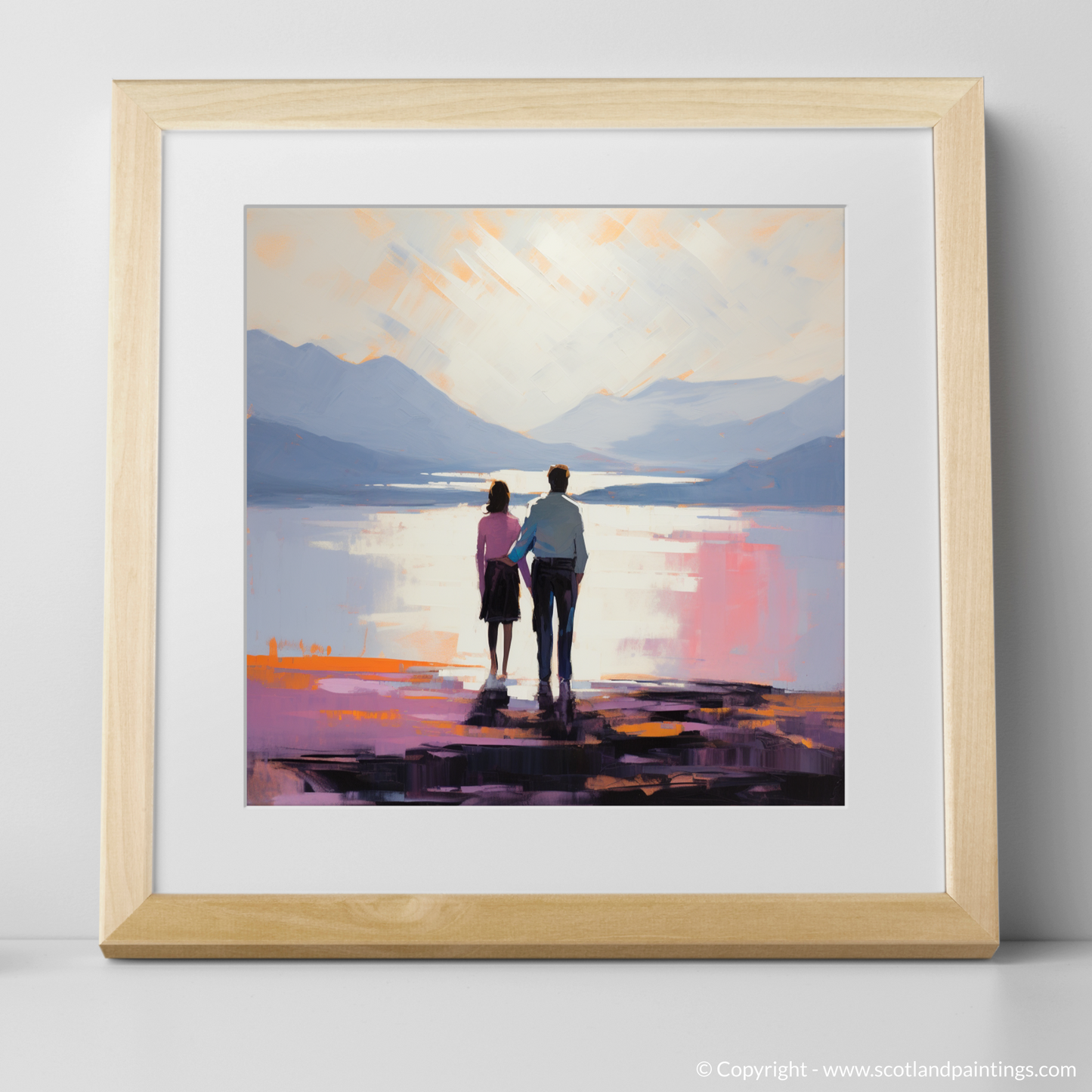 Art Print of A couple holding hands looking out on Loch Lomond with a natural frame