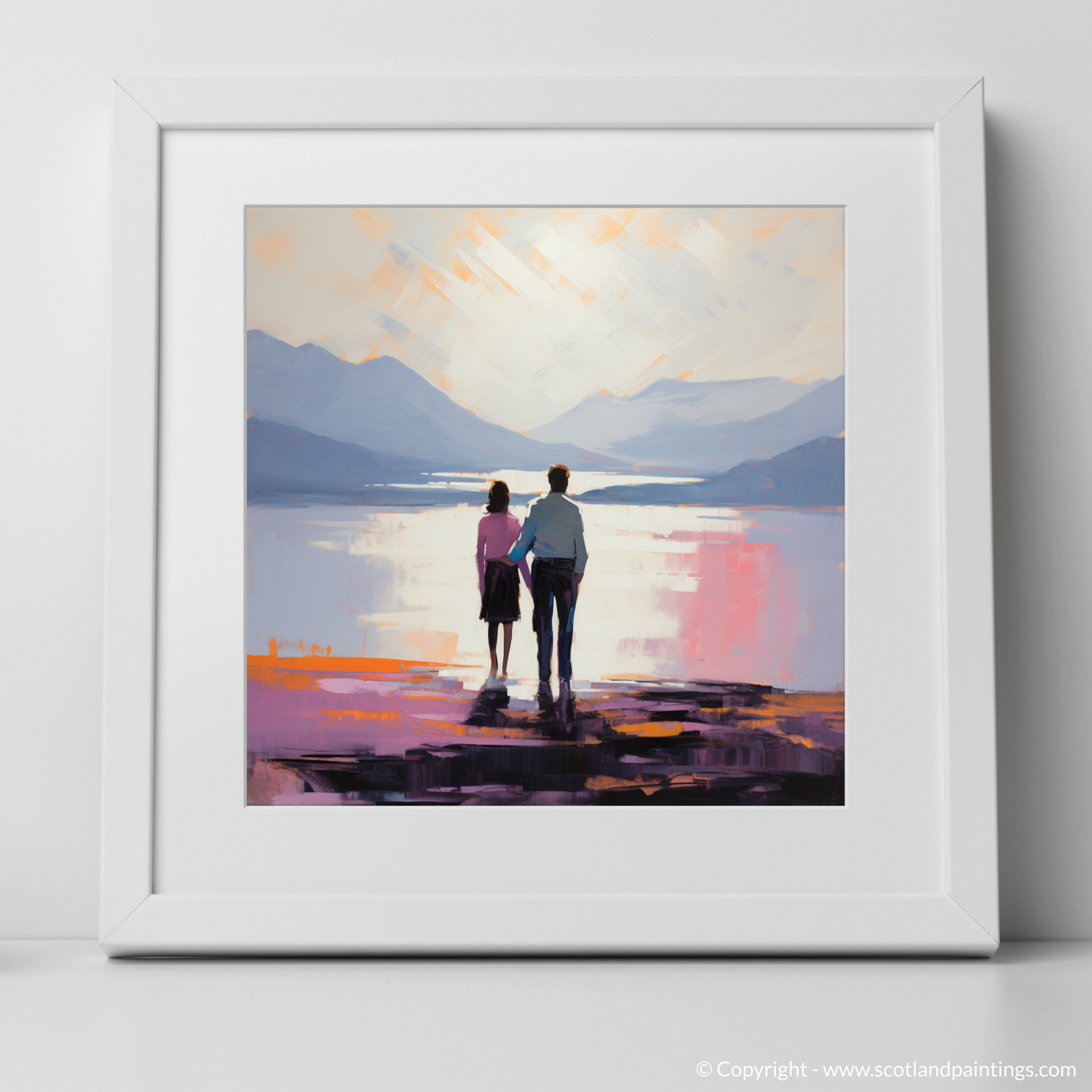 Art Print of A couple holding hands looking out on Loch Lomond with a white frame