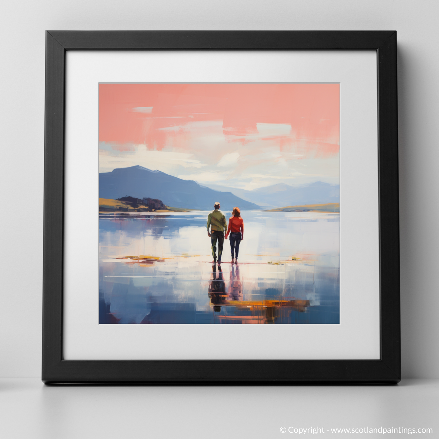 Art Print of A couple holding hands looking out on Loch Lomond with a black frame