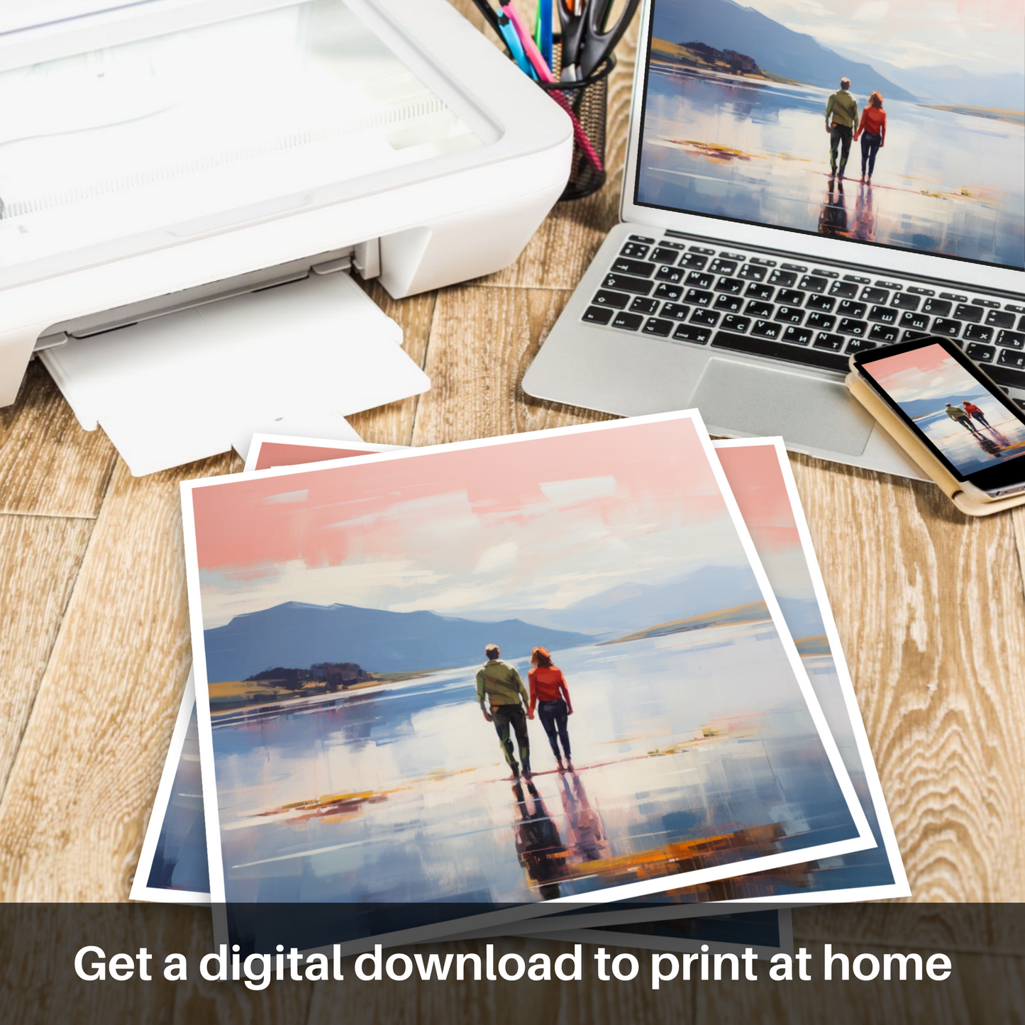 Downloadable and printable picture of A couple holding hands looking out on Loch Lomond