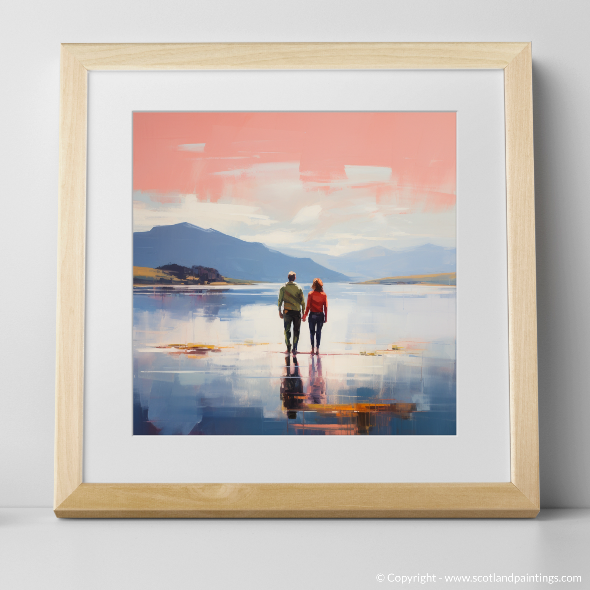 Art Print of A couple holding hands looking out on Loch Lomond with a natural frame