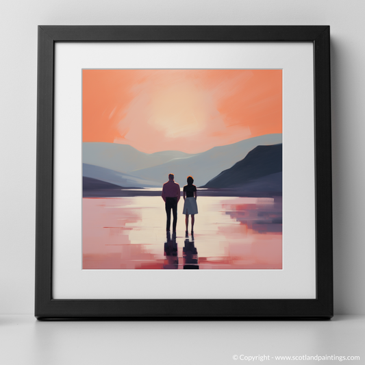 Art Print of A couple holding hands looking out on Loch Lomond with a black frame