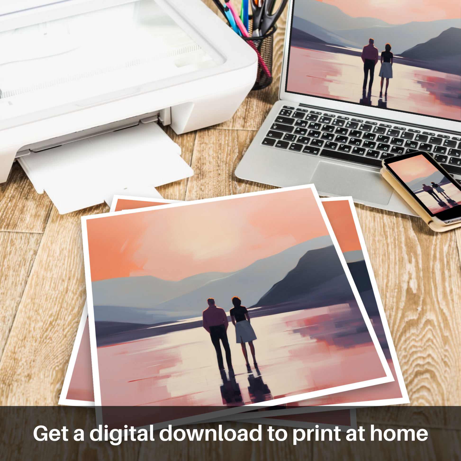 Downloadable and printable picture of A couple holding hands looking out on Loch Lomond