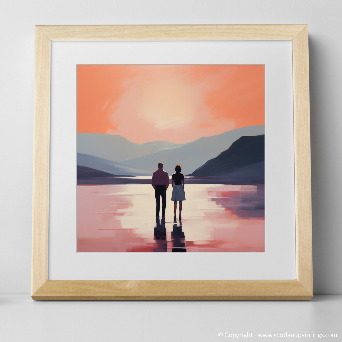 Art Print of A couple holding hands looking out on Loch Lomond with a natural frame