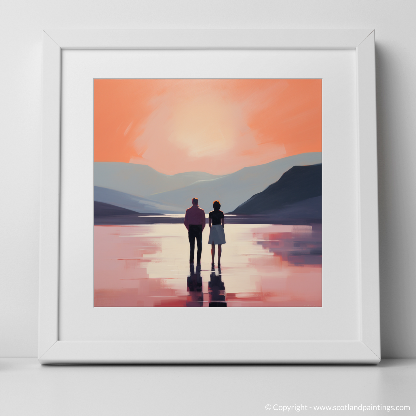 Art Print of A couple holding hands looking out on Loch Lomond with a white frame