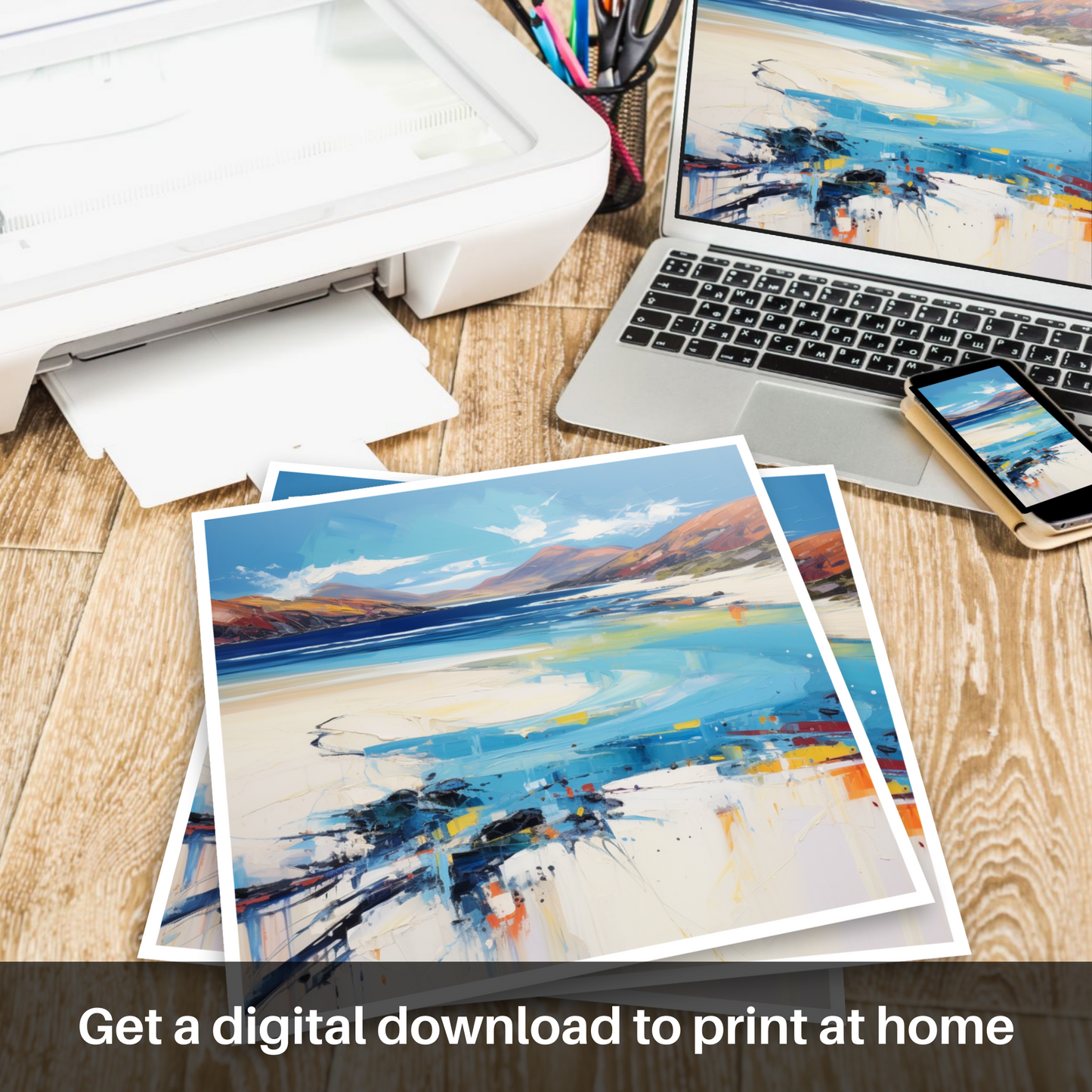 Painting and Art Print of Luskentyre Beach, Isle of Harris. Luskentyre Sands: A Dance of Waves and Dunes.