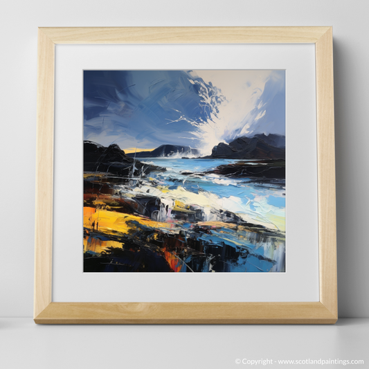 Art Print of Ardalanish Bay with a stormy sky with a natural frame