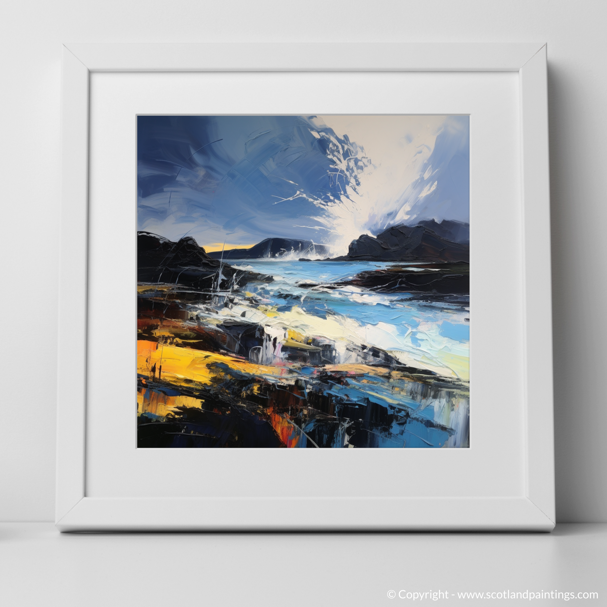 Art Print of Ardalanish Bay with a stormy sky with a white frame