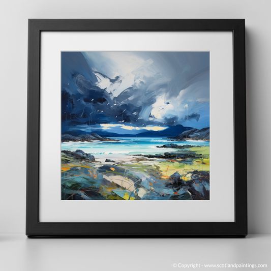 Art Print of Ardalanish Bay with a stormy sky with a black frame