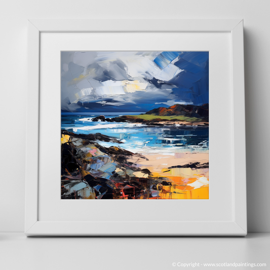 Art Print of Ardalanish Bay with a stormy sky with a white frame