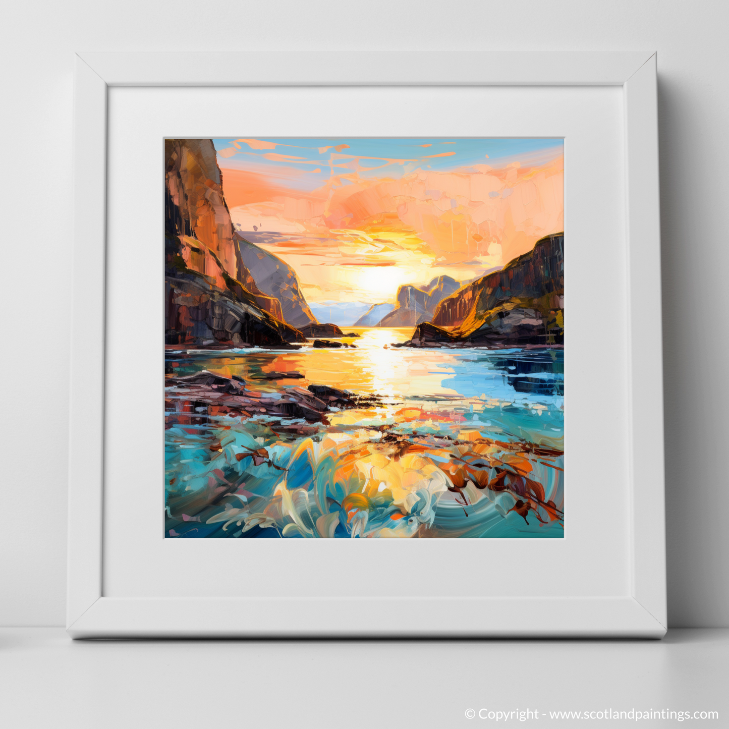 Art Print of Calgary Bay at golden hour with a white frame