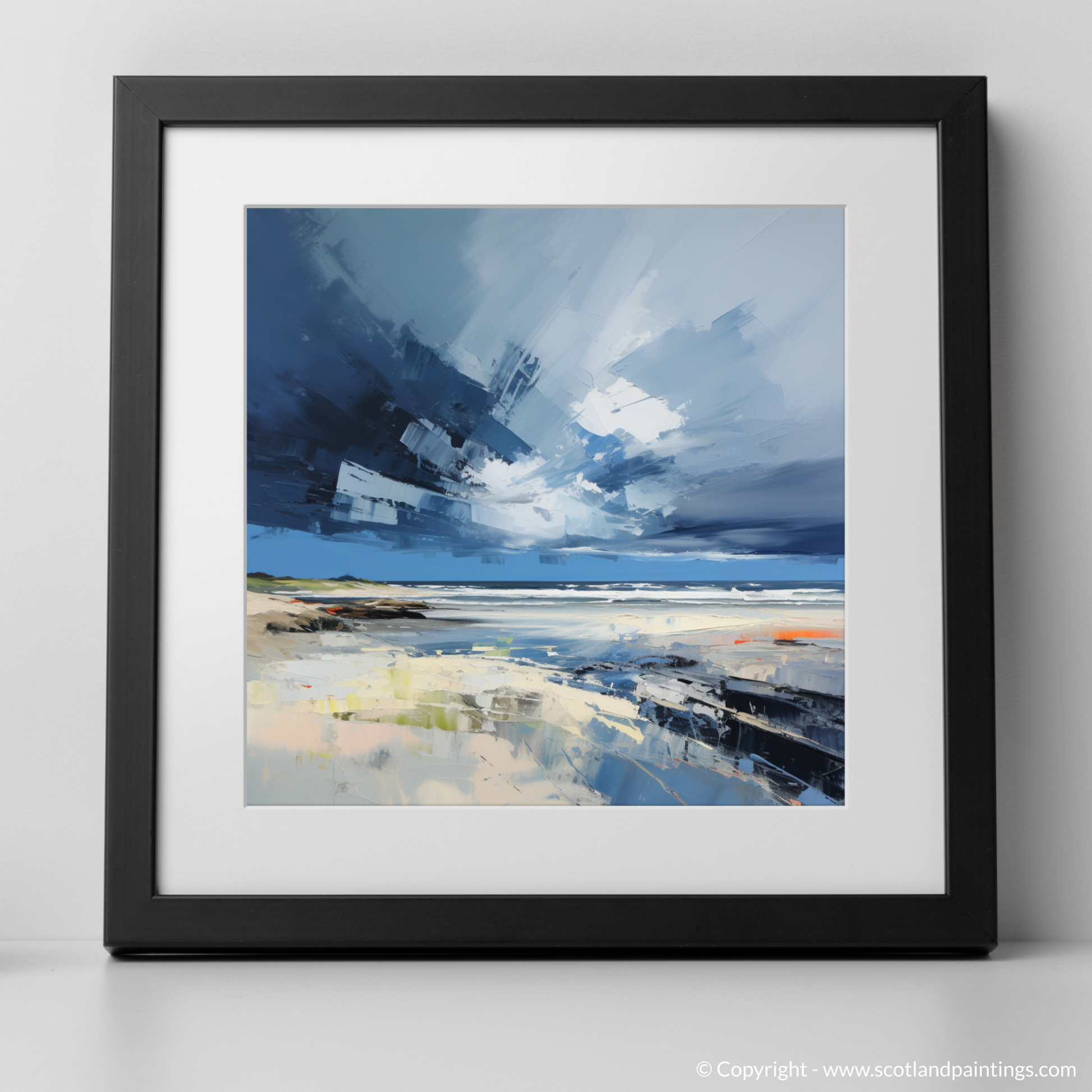 Art Print of St Cyrus Beach with a stormy sky with a black frame