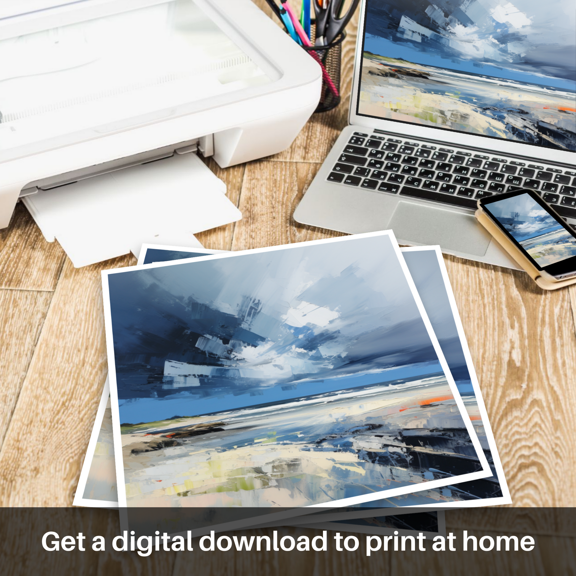 Downloadable and printable picture of St Cyrus Beach with a stormy sky