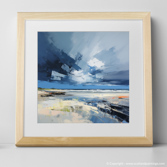 Art Print of St Cyrus Beach with a stormy sky with a natural frame