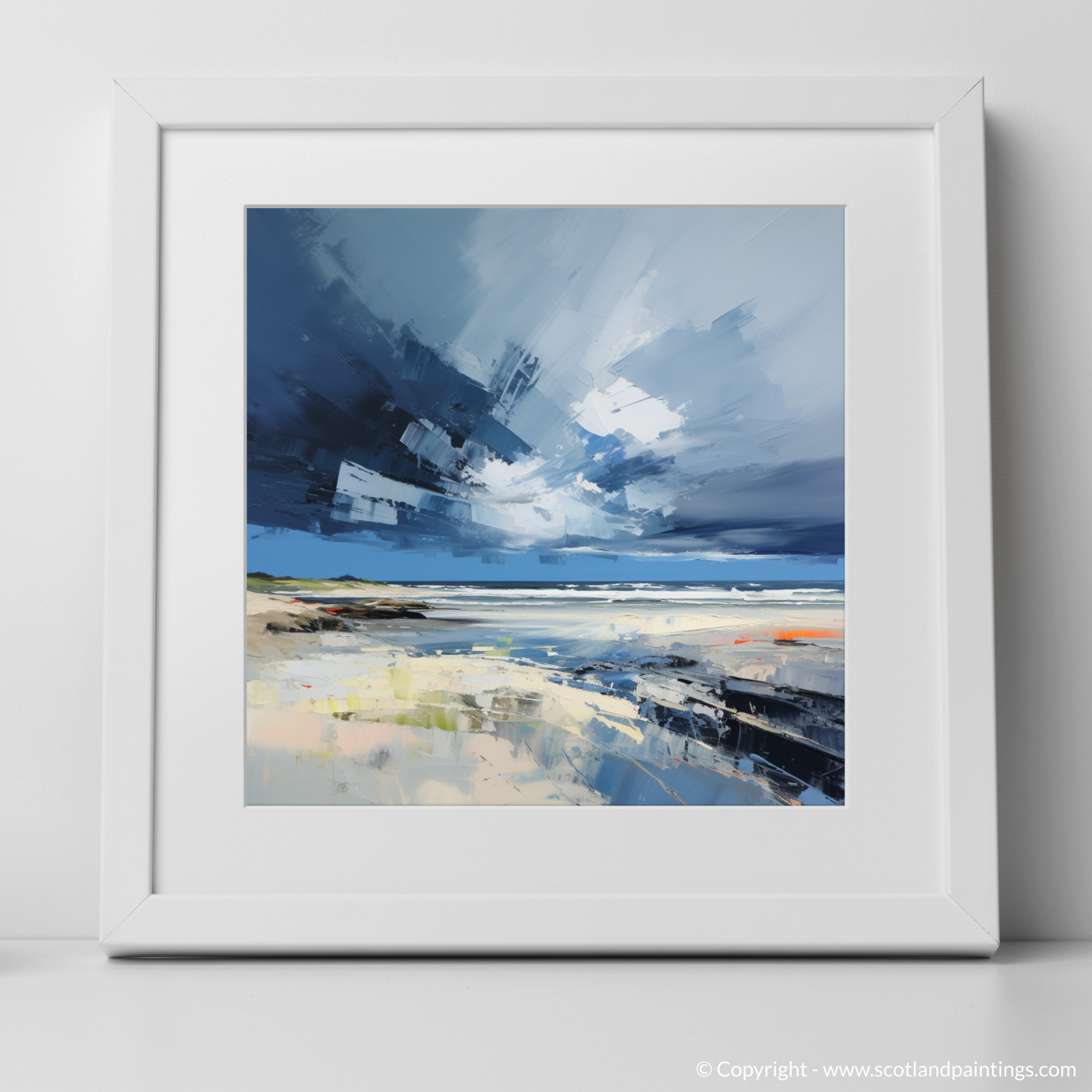 Art Print of St Cyrus Beach with a stormy sky with a white frame