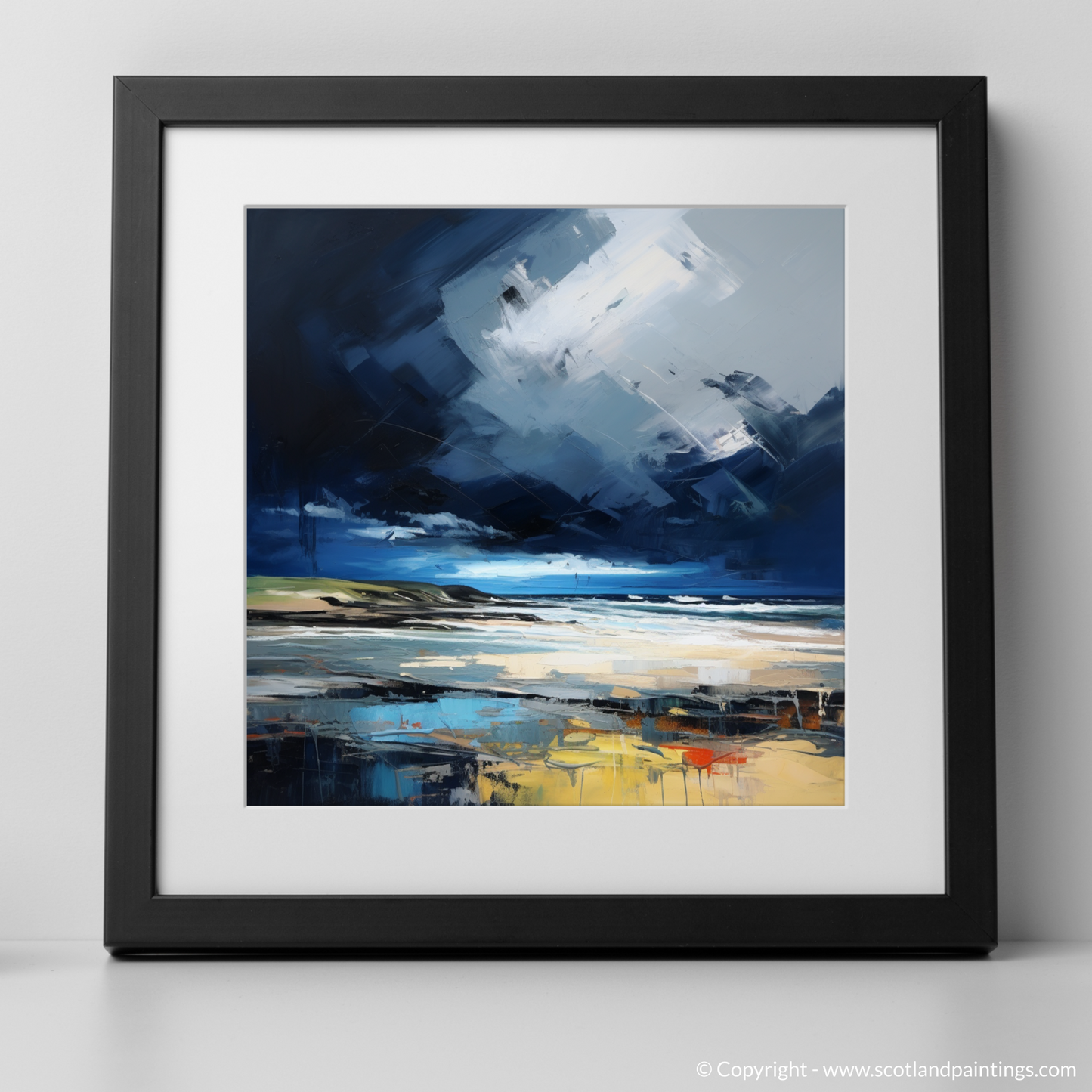 Art Print of St Cyrus Beach with a stormy sky with a black frame