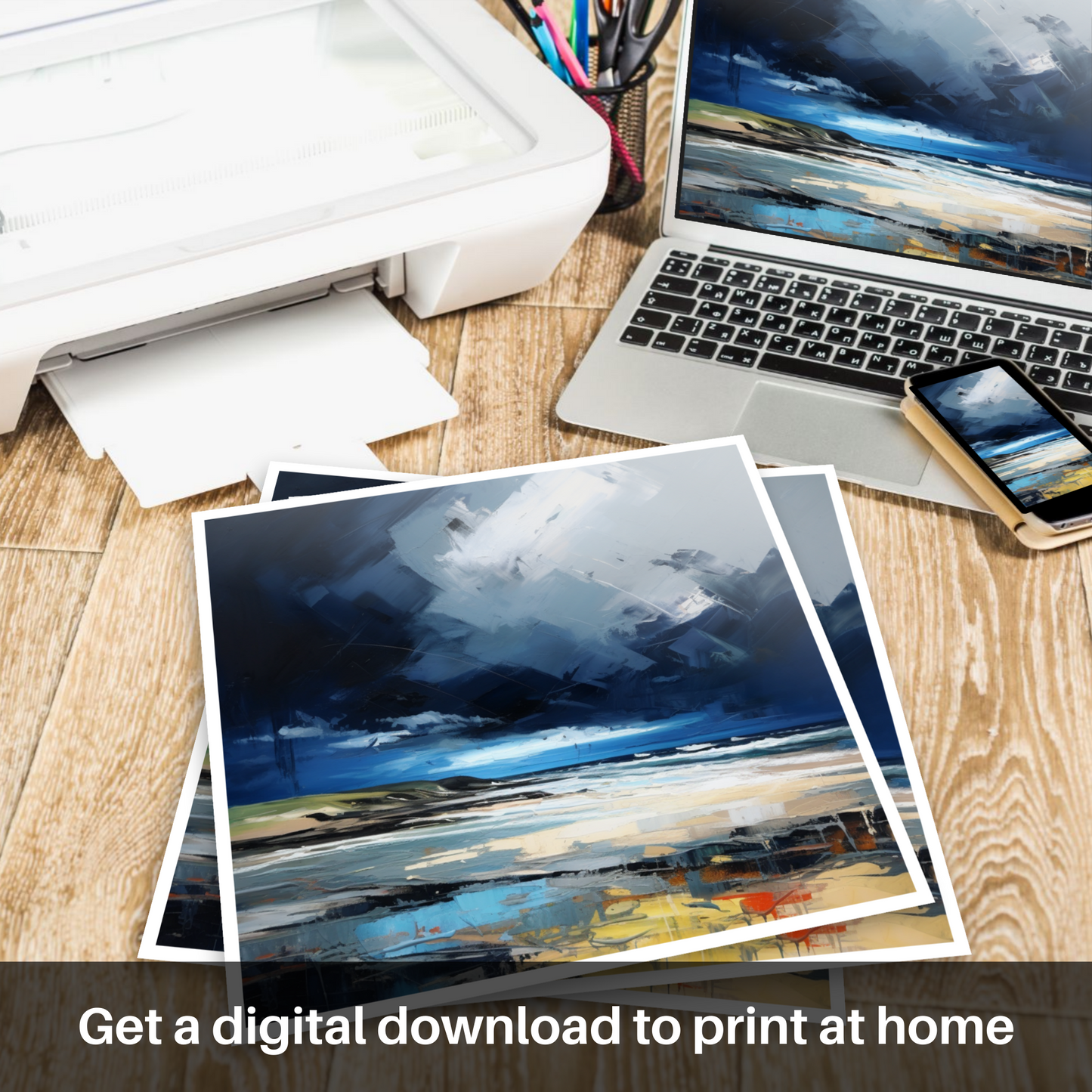 Downloadable and printable picture of St Cyrus Beach with a stormy sky