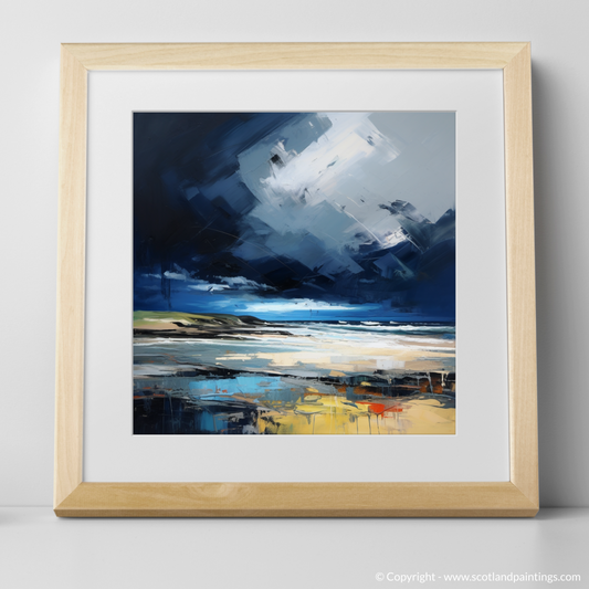 Art Print of St Cyrus Beach with a stormy sky with a natural frame