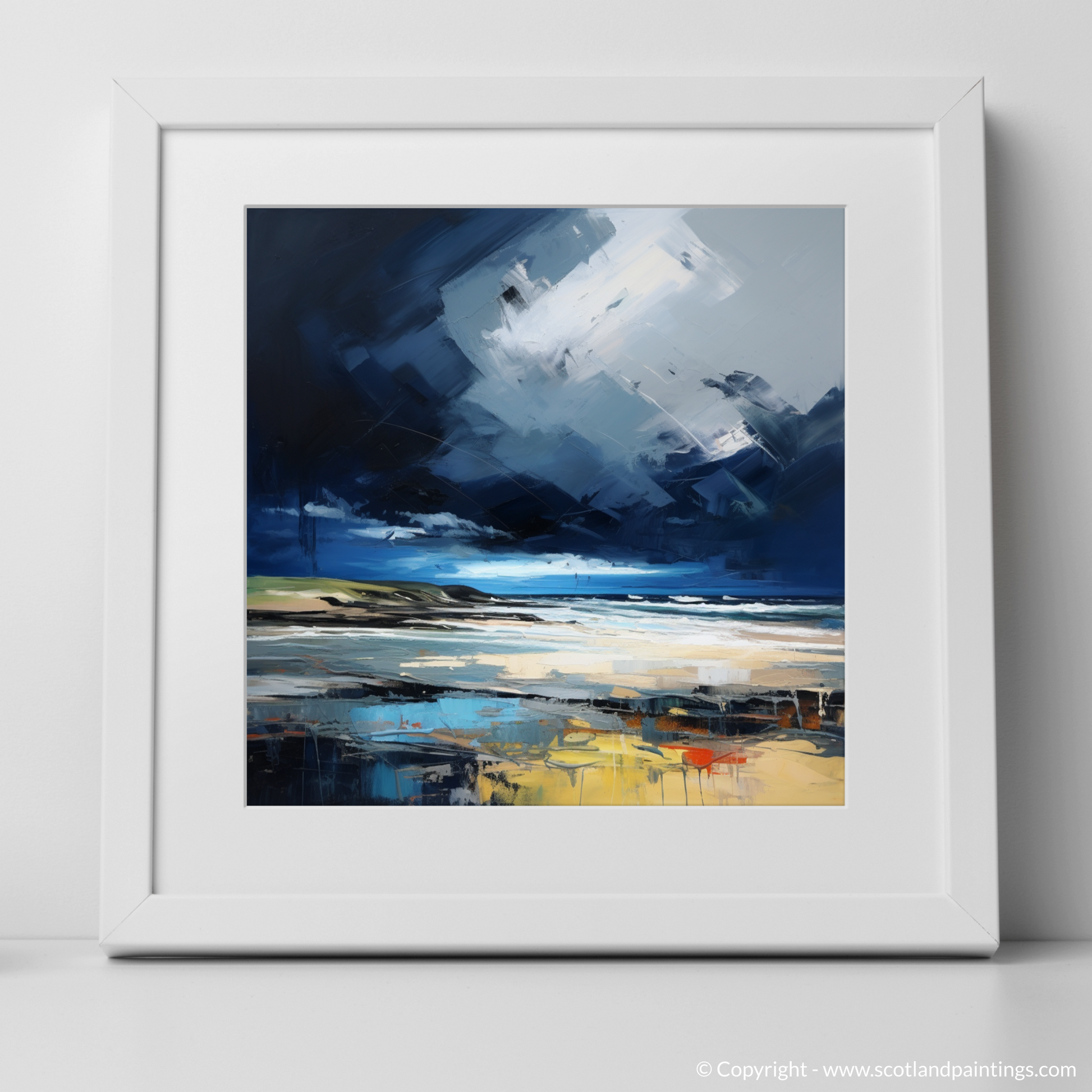 Art Print of St Cyrus Beach with a stormy sky with a white frame