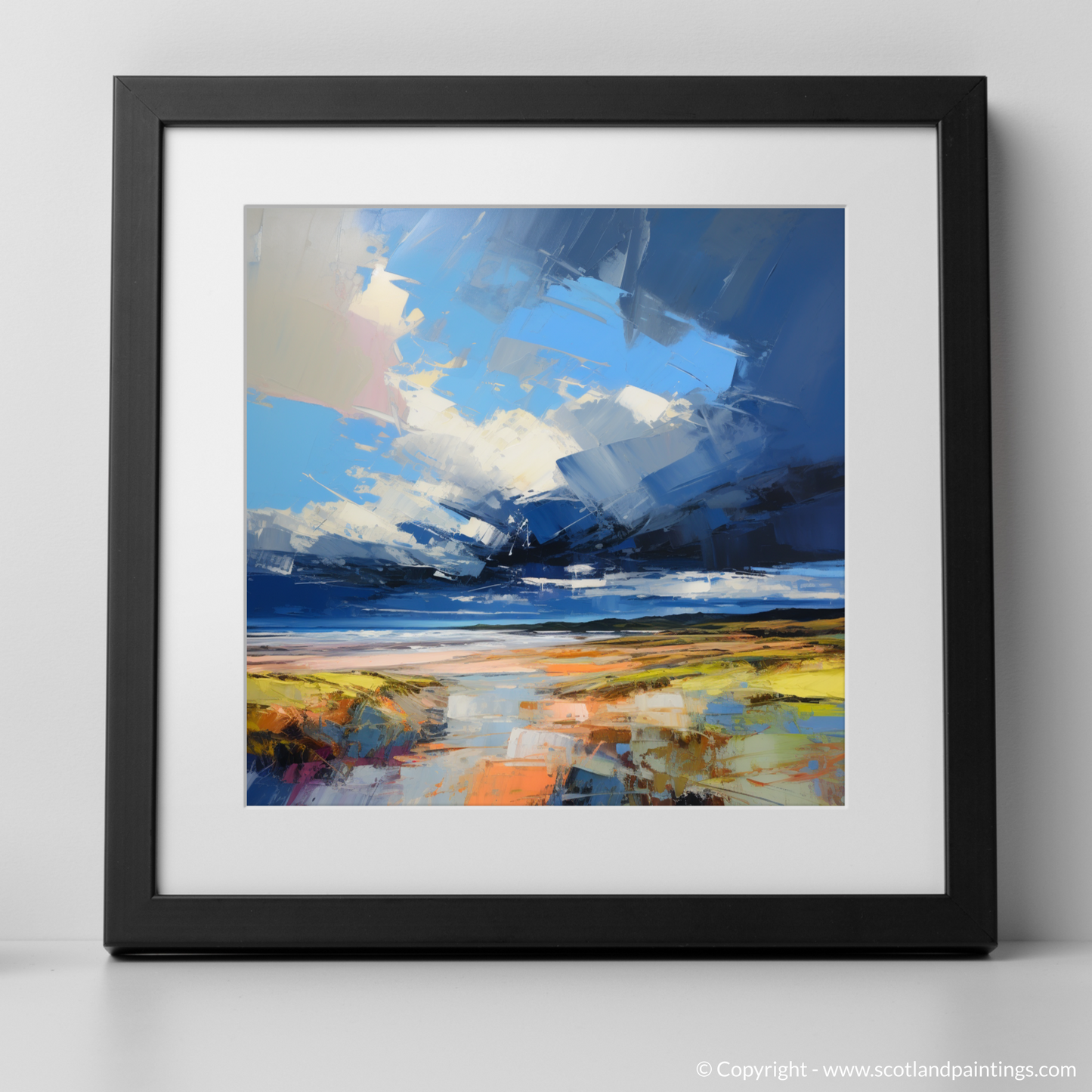 Art Print of St Cyrus Beach with a stormy sky with a black frame