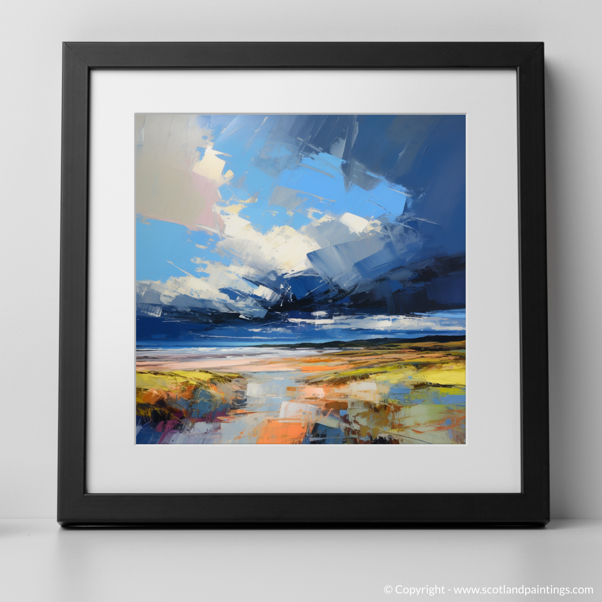 Art Print of St Cyrus Beach with a stormy sky with a black frame