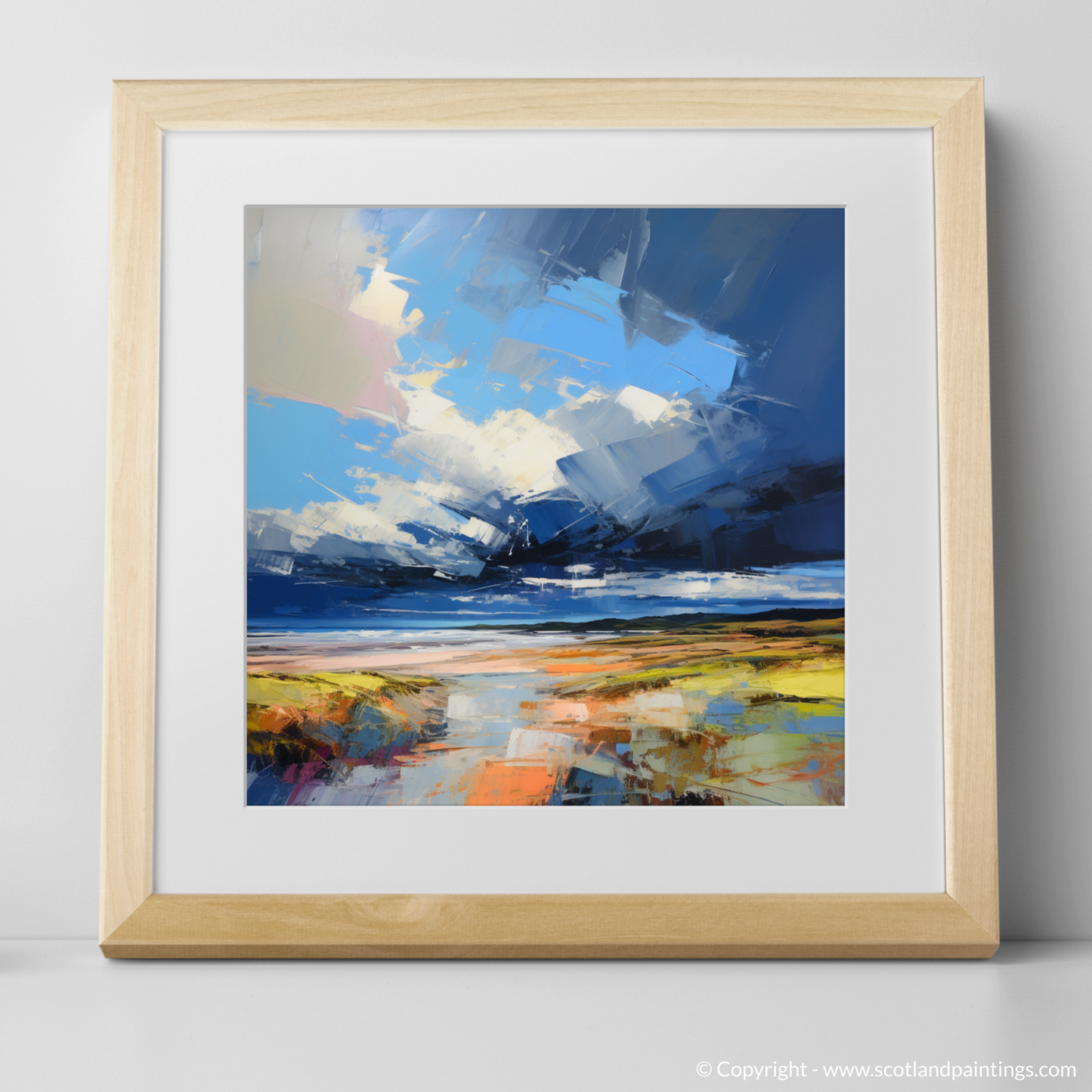 Art Print of St Cyrus Beach with a stormy sky with a natural frame