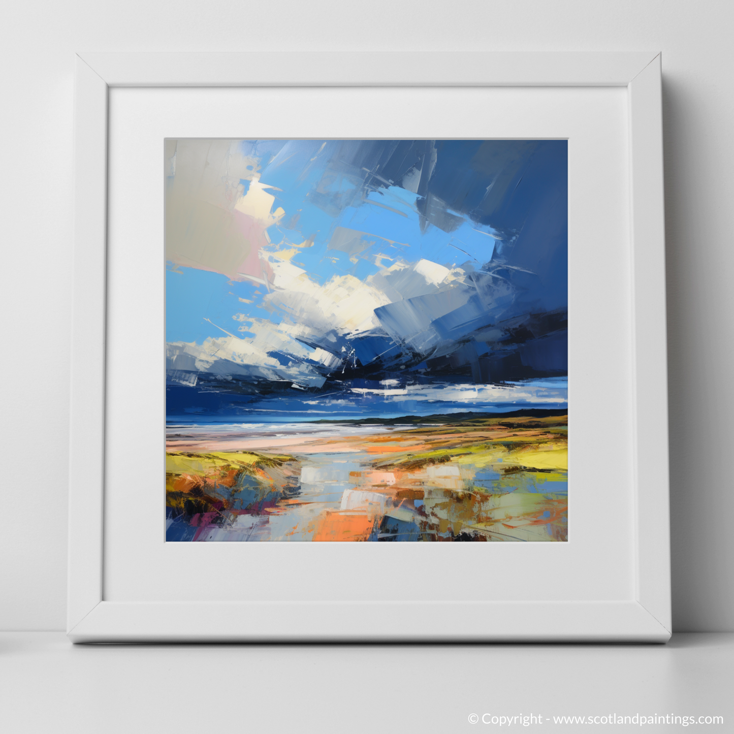 Art Print of St Cyrus Beach with a stormy sky with a white frame