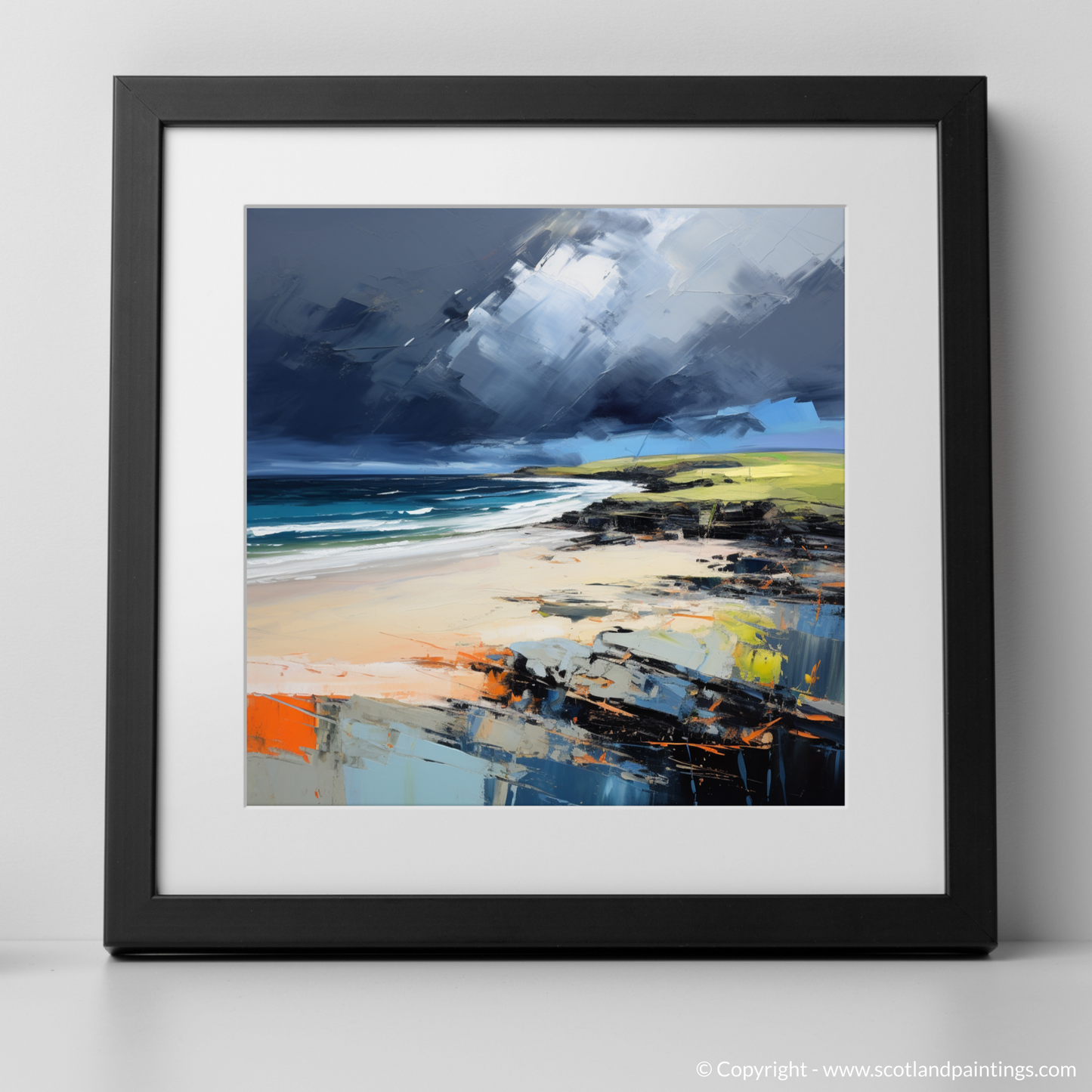 Art Print of St Cyrus Beach with a stormy sky with a black frame