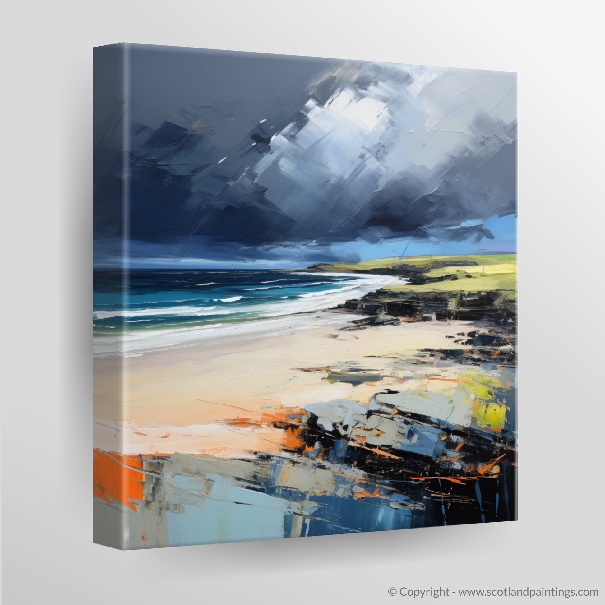 Canvas Print of St Cyrus Beach with a stormy sky