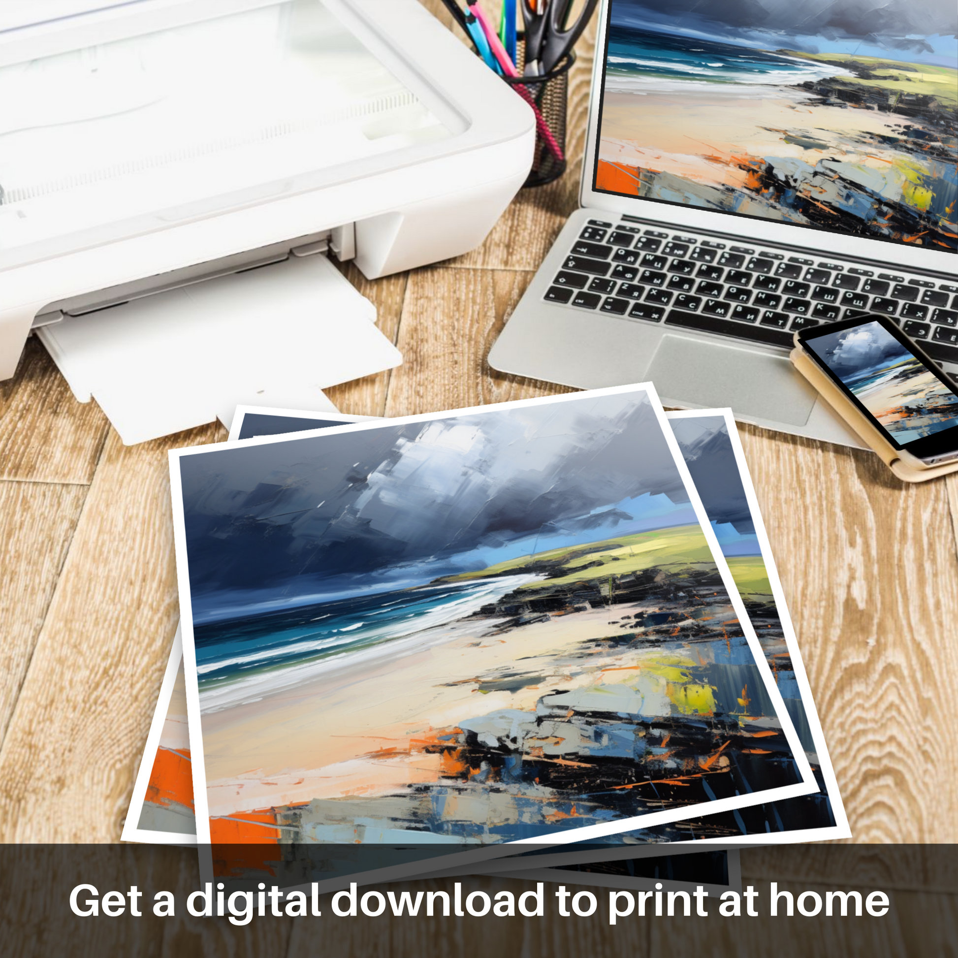 Downloadable and printable picture of St Cyrus Beach with a stormy sky