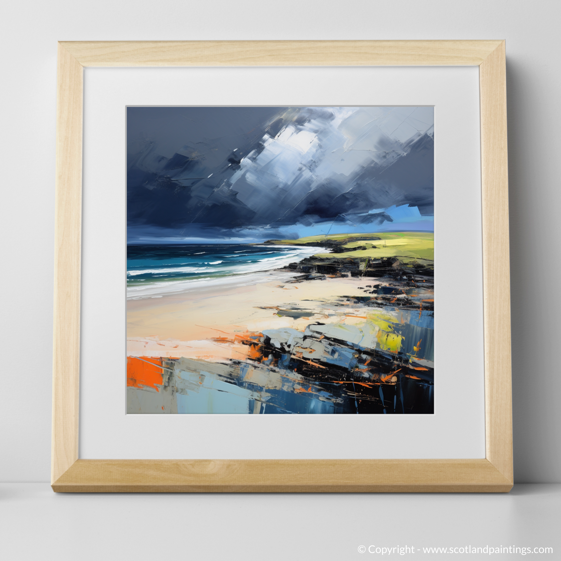 Art Print of St Cyrus Beach with a stormy sky with a natural frame