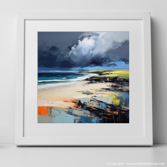 Art Print of St Cyrus Beach with a stormy sky with a white frame